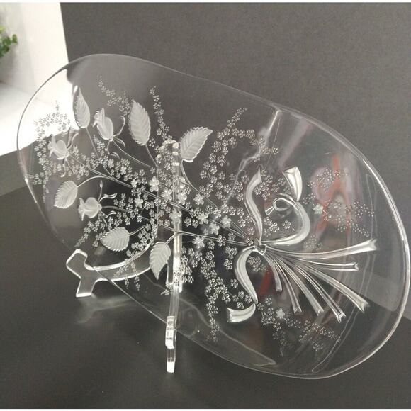 Fleur by William Fraser Oval Glass Canape Tray Etched Floral 15.75" - Picture 5 of 10